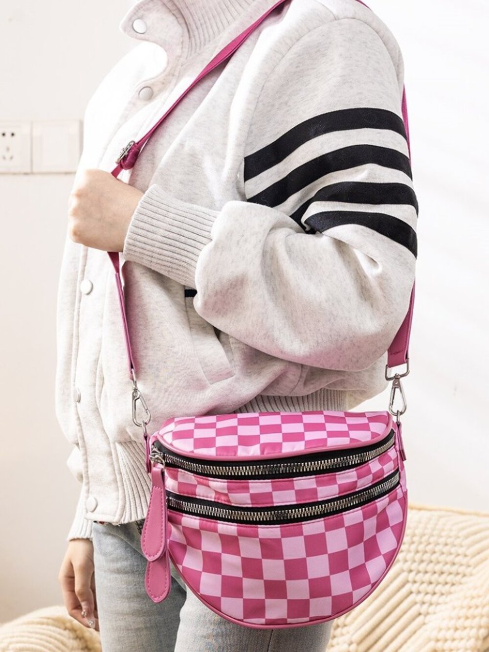 Hot Pink Checkered Double Zip Sling Crossbody Bag | Belt Bag | New in Original P